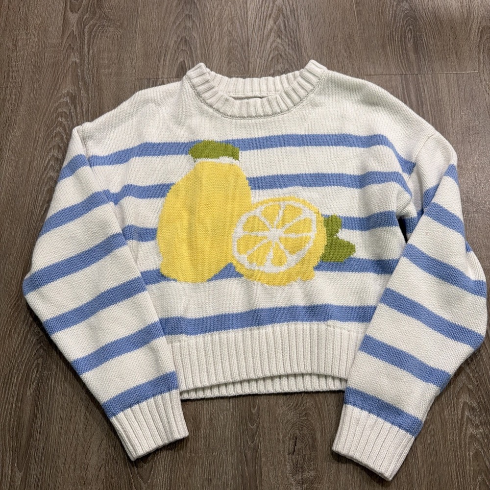 Freshman 1996 Women's Cream and Blue Striped Lemon Cropped Knit Pullover Size M
